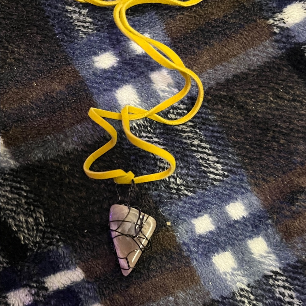 Yellow Cord Necklace with Wire-Wrapped Stone Pendant